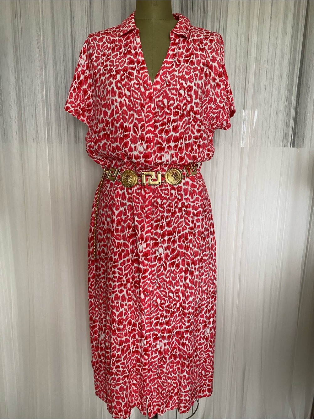 Red and White Animal Print Midi/Maxi Shirt Dress by Saint Tropez Size L